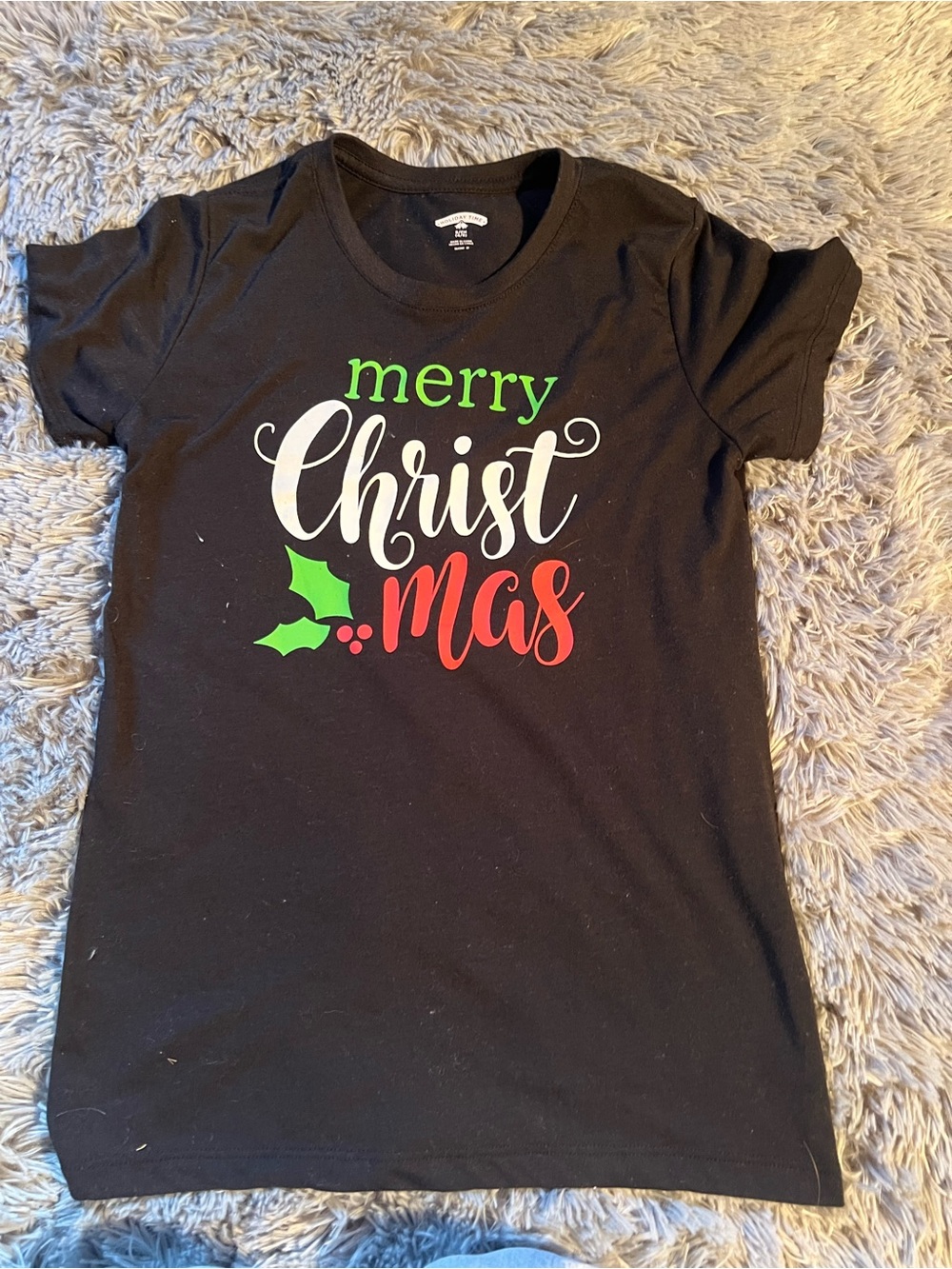Holiday Time Black Kids Christmas Graphic Tee with Red & Green Accents
